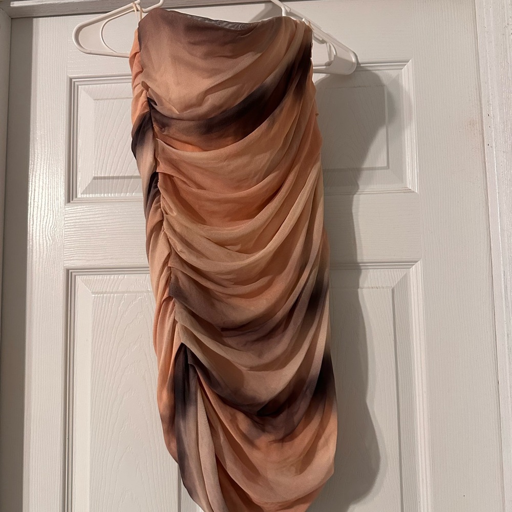 Zara Strapless Ruched Dress in Cream and Brown ombré